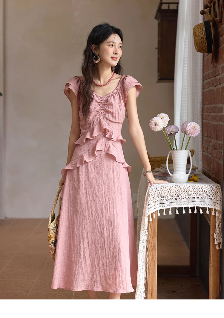 Mishow Flower Flying Sleeve V-Neck Pink Dress MXE34L2243