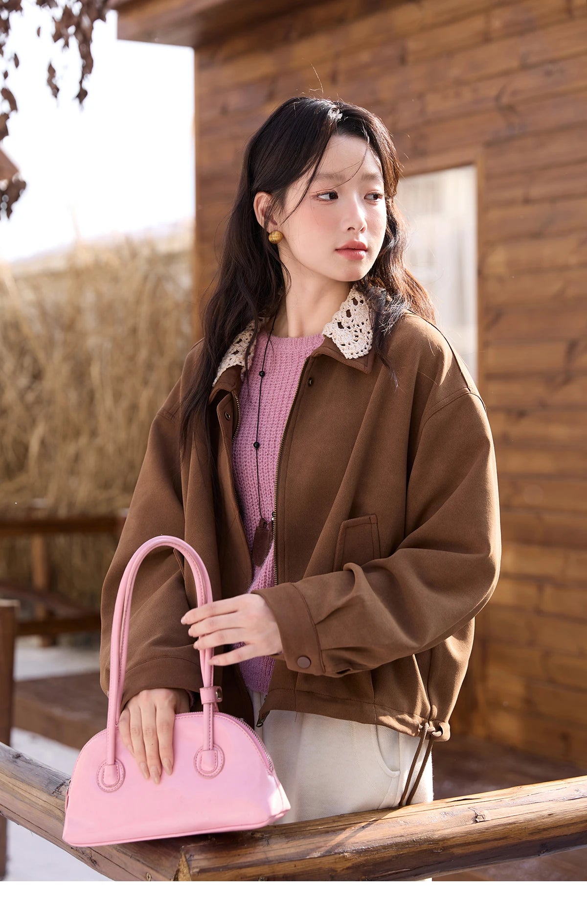 MISHOW Brown Jacket Detachable Lace Collar Drawstring Hem MXE45W0846