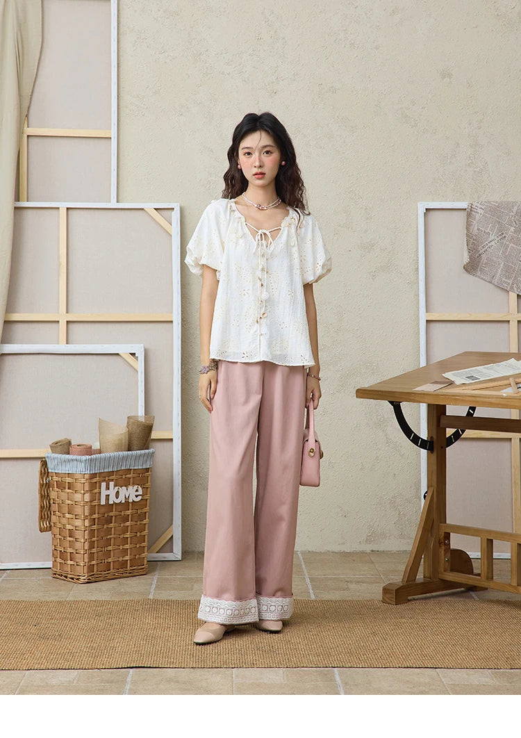 MISHOW Hem Lace Hollow Out Wide Leg Pants High Waist Pink MXE31K0900