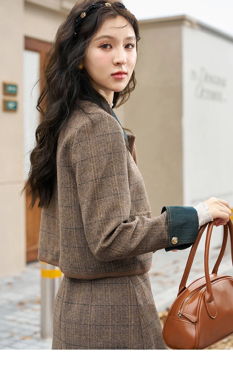 Mishow Fashion Retro Plaid Wool Jacket & Half Pleated Skirt Set MXC47W0154