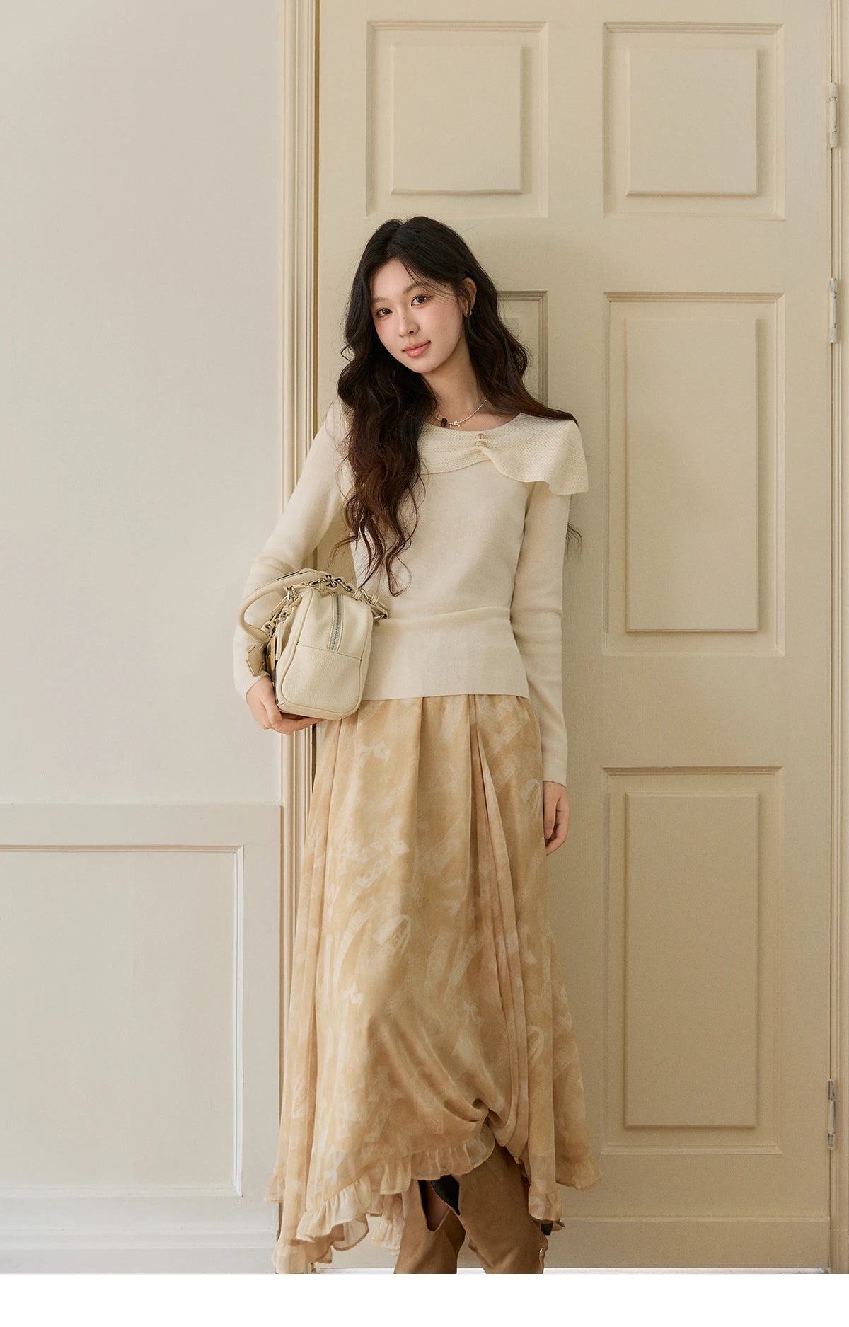 Mishow Beige Asymmetrical Collar Wool Sweater MXF11Z2918