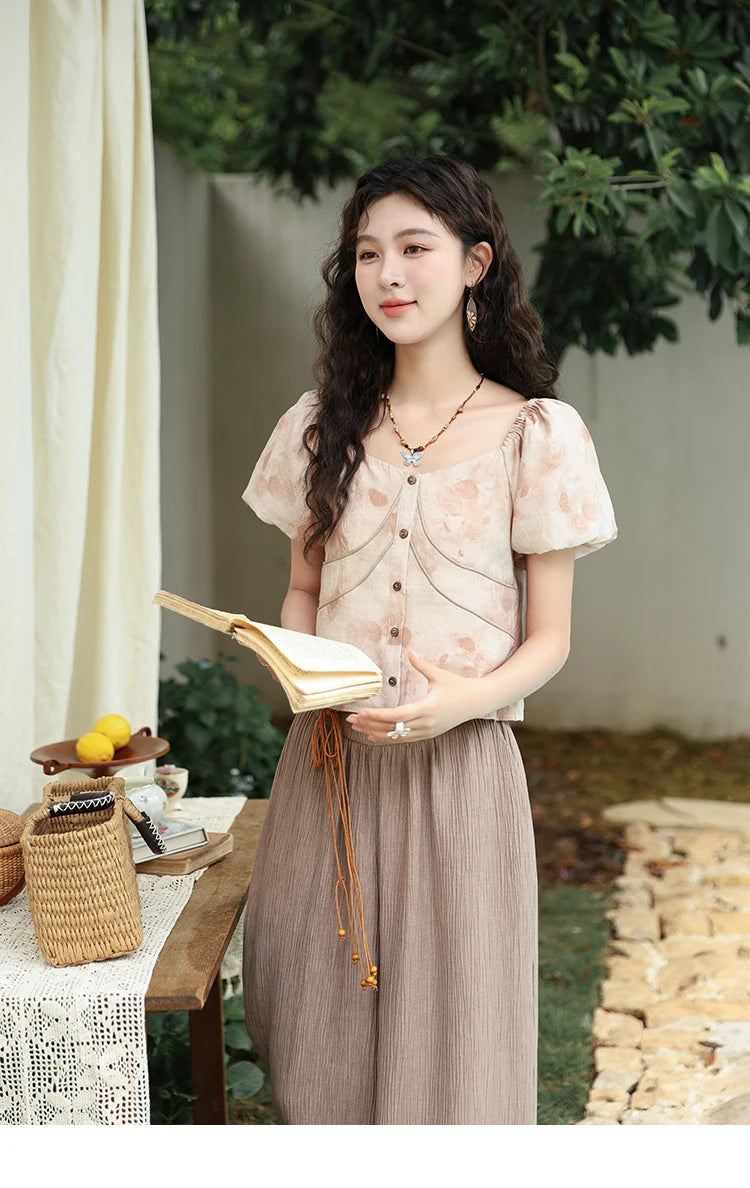 MISHOW Contrast Halo Print Blouse Square Collar Puff Sleeve MXD30X1562