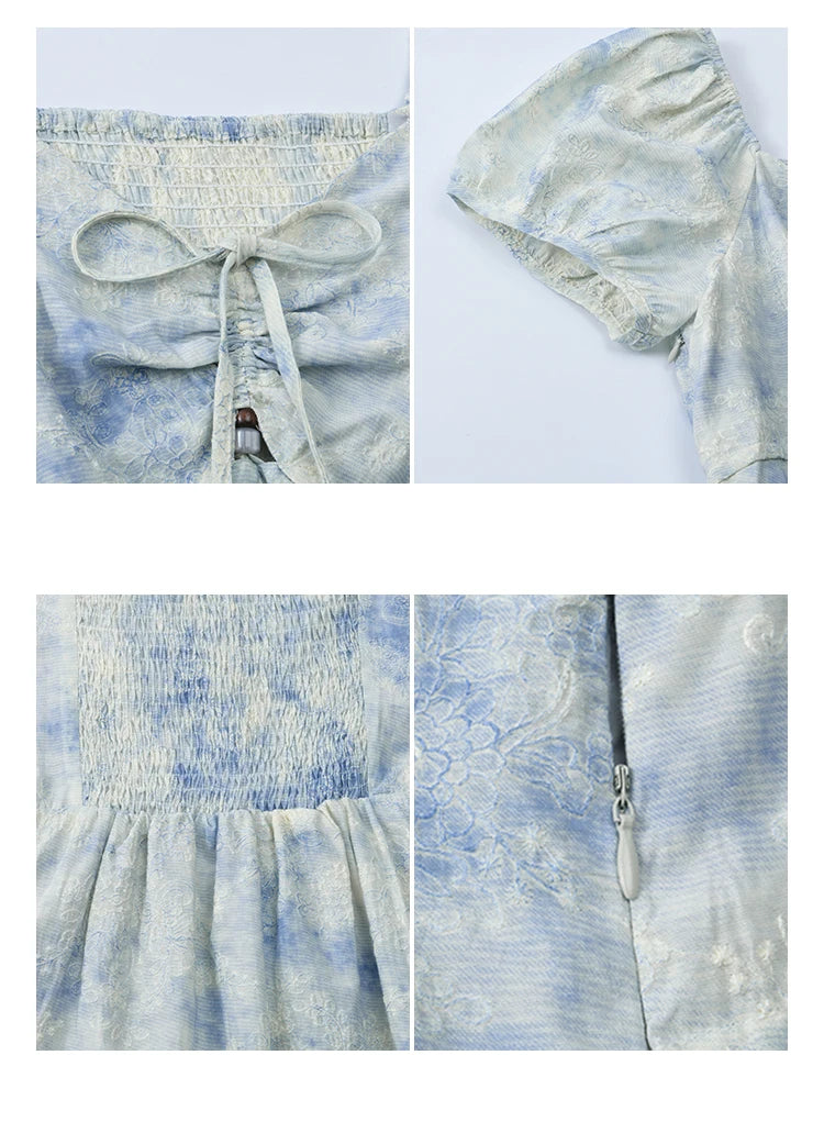 Mishow V-Neck Lace-Up Puff Sleeve Flower Dress MXE38L2379