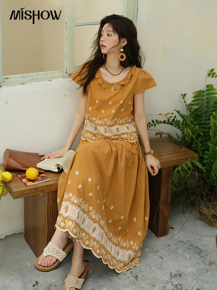 Mishow French Lace Embroidery Blouse & A-Line Skirt Set MXE39T0645