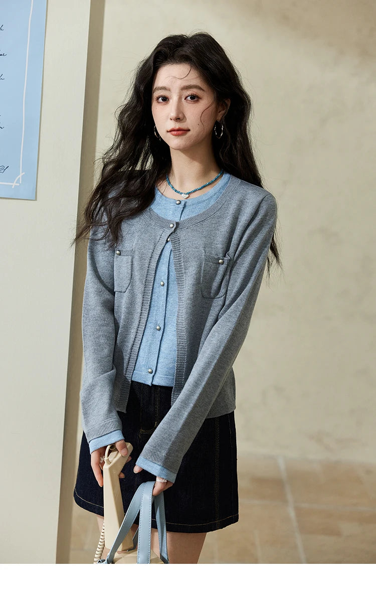Mishow Fake Two-Piece Contrast Patch Pocket Cardigan MXE12Z1144