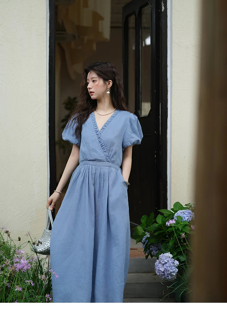 Mishow V-Neck Puff Sleeve Pocket Sash Dress MXE39L2381