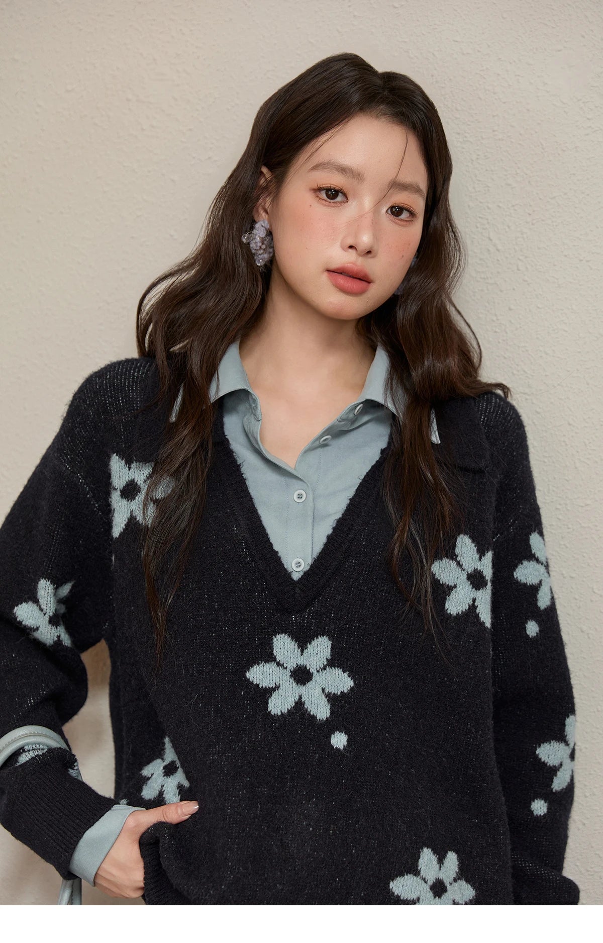 Mishow Dark Blue Fake Two-Piece Turn-Down Collar Sweater MXE51Z2554