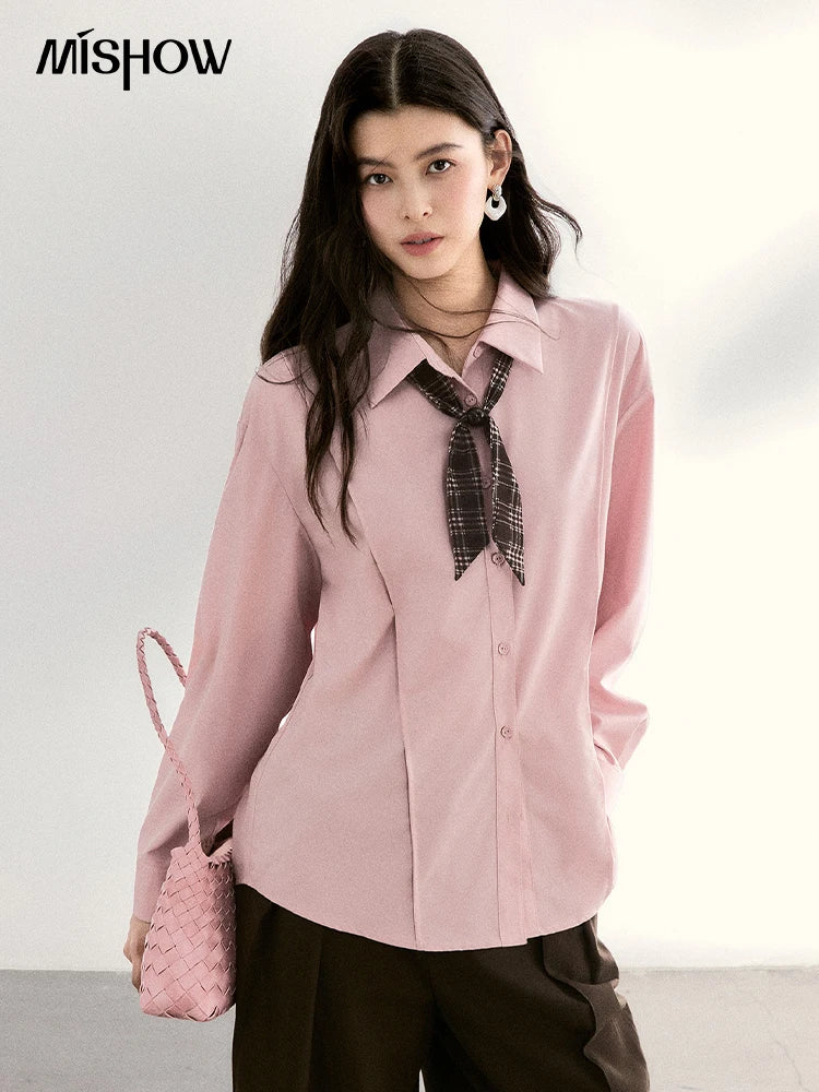 MISHOW Casual Loose Shirt with Plaid Scarf Lapel Top MXF108C0815