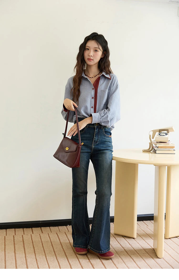 MISHOW Blue Red Striped Shirt Contrast Splicing Lapel MXE46C2405