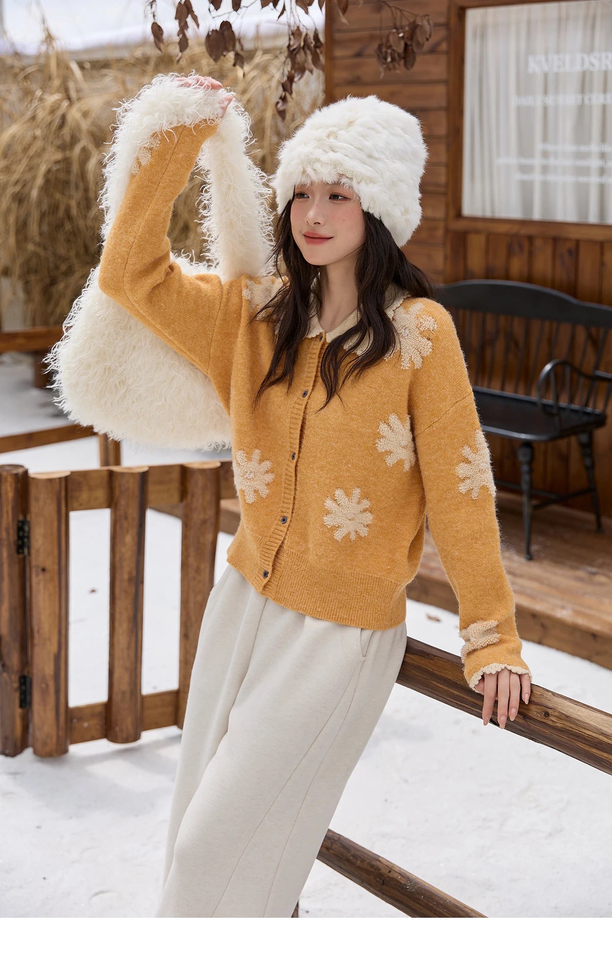 Mishow Yellow Retro Jacquard Turn-Down Collar Cardigan MXE88Z2691