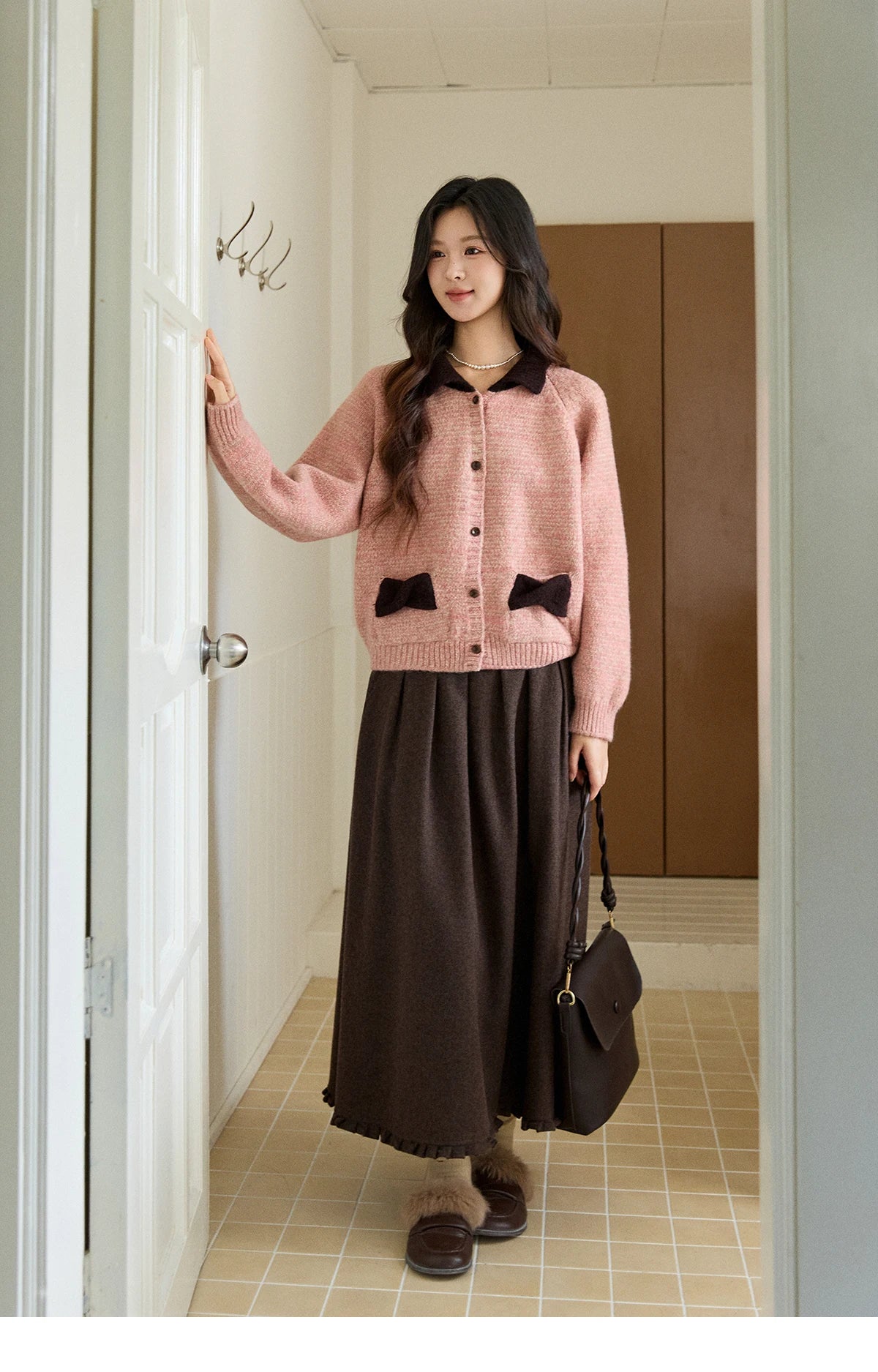 Mishow Pink Contrast Collar Bow Pocket Cardigan MXE94Z2957