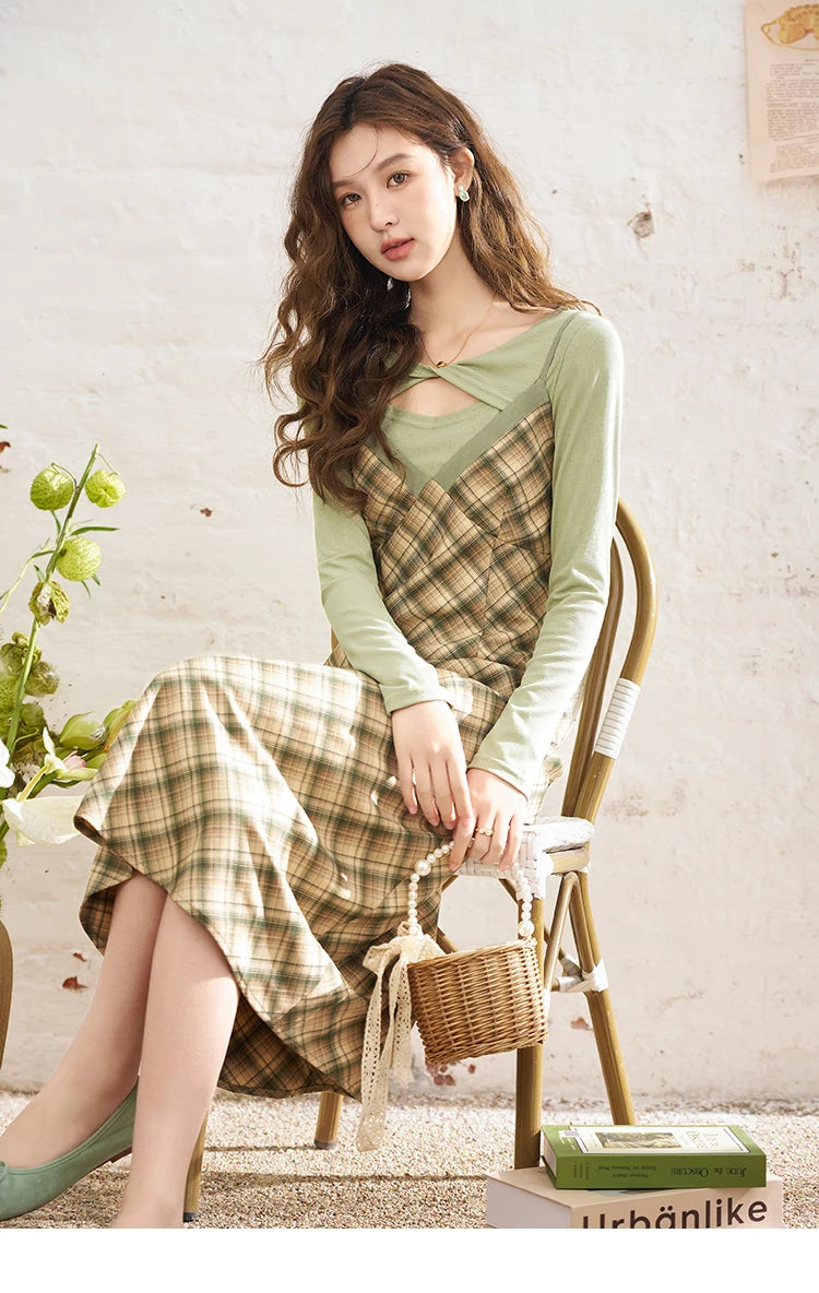 Mishow Hollow Knit Top & Plaid Suspender Dress Set MXD14L1679