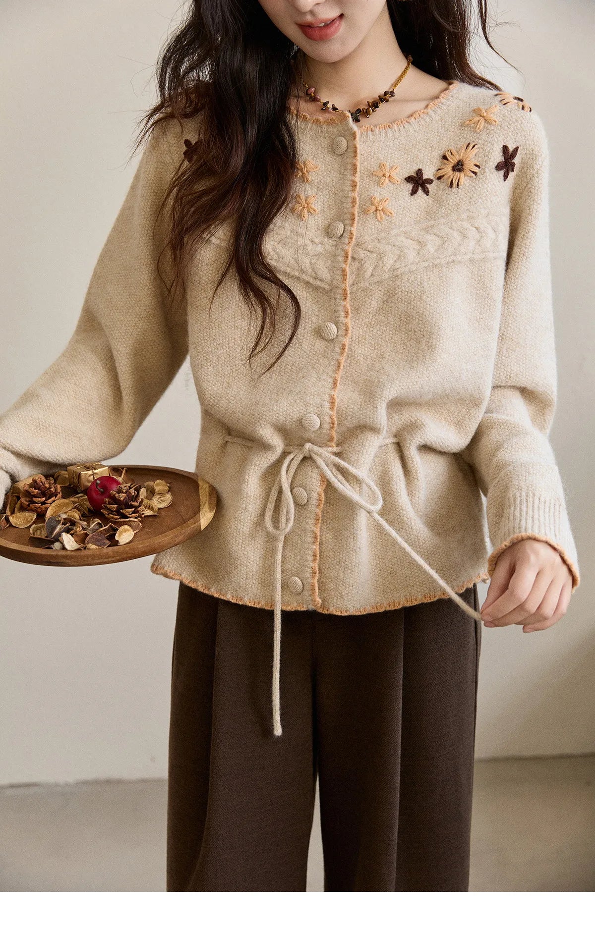 Mishow Apricot Hand-Embroidered Wool Blend Waist Tie Cardigan MXE87Z2702