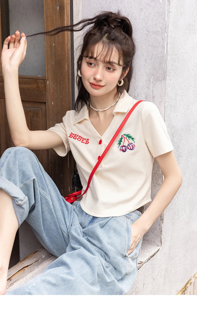 Mishow Korean Polo Collar Embroidery Letter Tee MXB32T0477