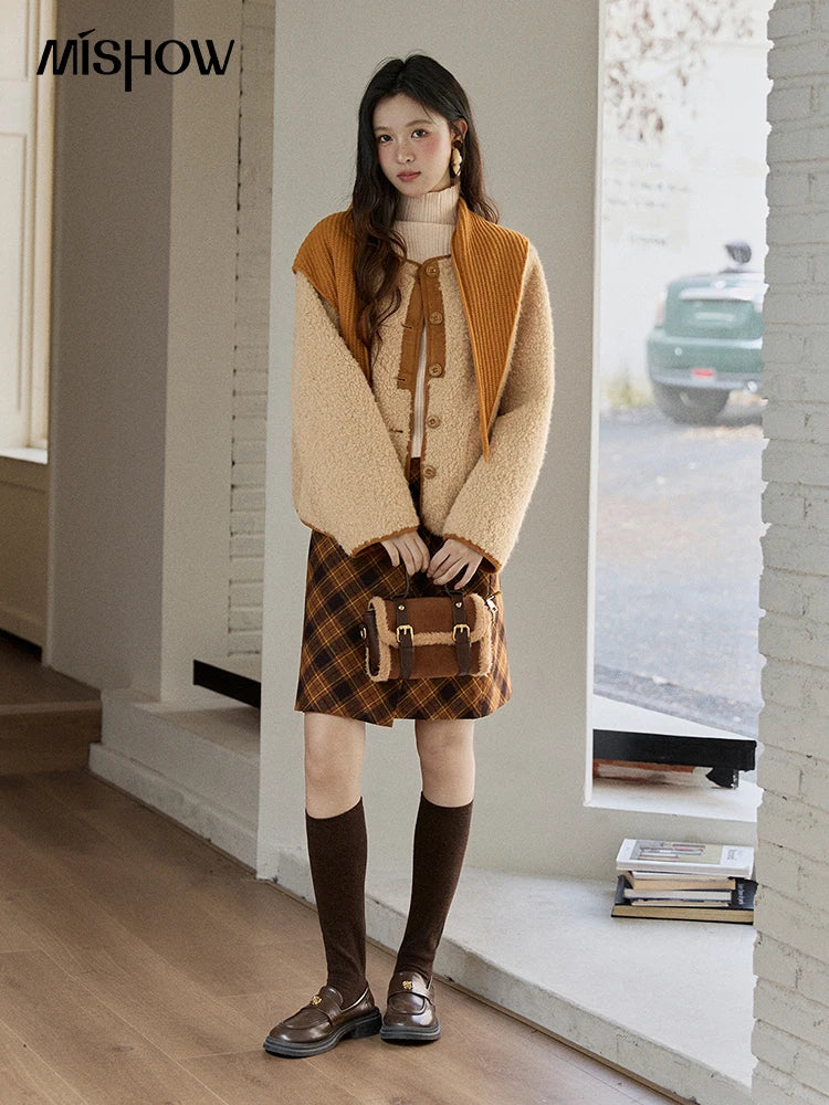 Mishow Lamb Wool Jacket with Color Block Knitted Shawl MXE91W0969