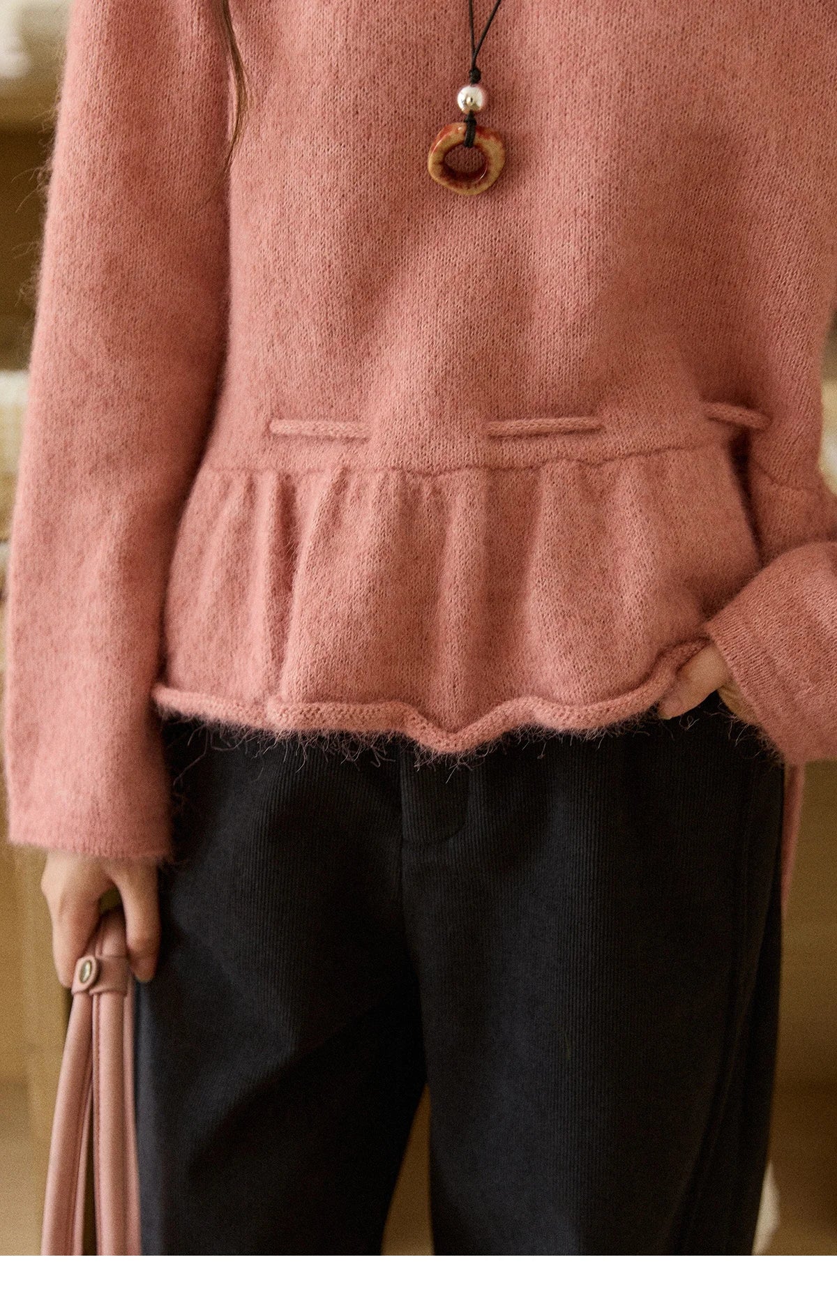 Mishow French Pink Ruffled Hem Pullover with Drawstring Belt MXE90Z2824