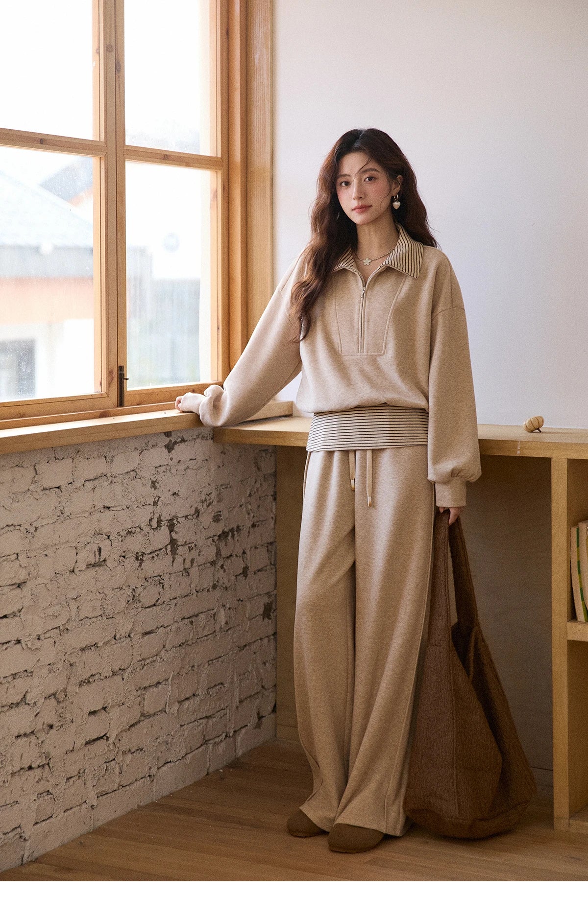 Mishow Retro Striped Lapel Half-Zip Sweatshirt & Wide Leg Pants Set MXE87T1425