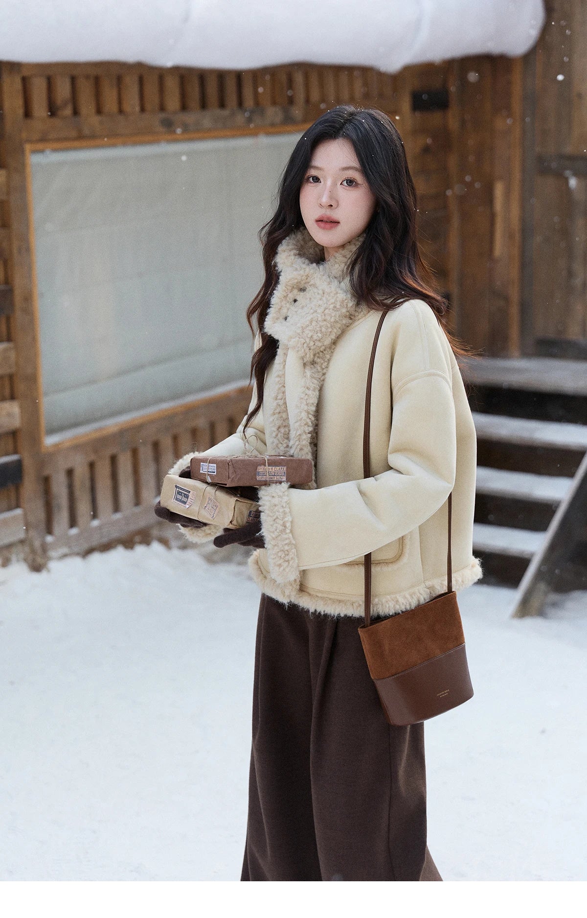 Mishow Cream Yellow Faux Suede Coat with Matching Scarf MXE91W1019
