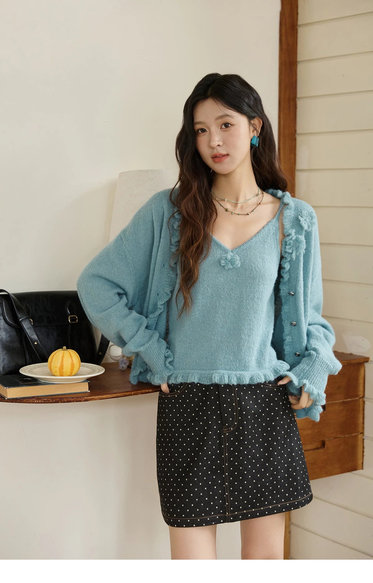 Mishow Blue Lotus Leaf Edge Cardigan & Camisole Set MXE45T1377