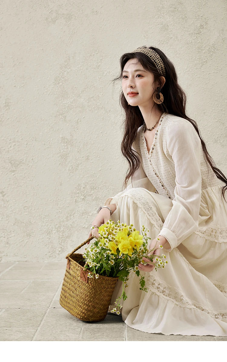 Mishow Apricot 100% Cotton Splicing Lace Dress MXE16L2168