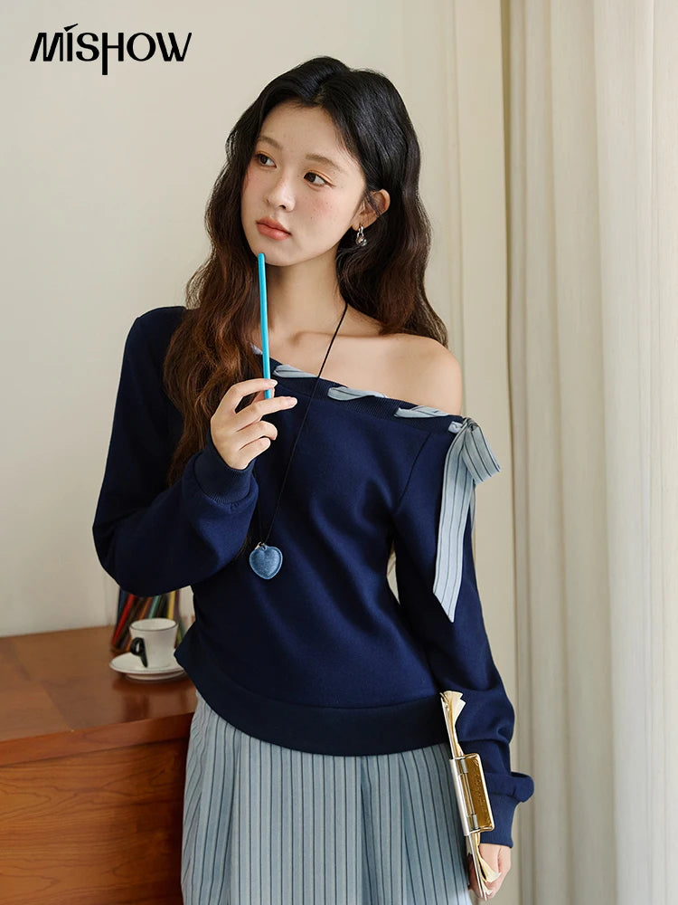 Mishow Blue Navy Slash Neck Contrast Lace Dress MXE45L2516