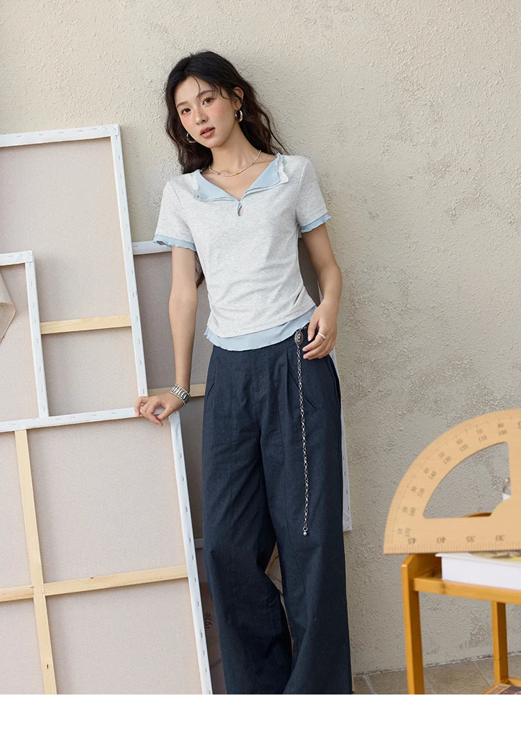 Mishow Grey Blue Fake Two-Piece Wavy Edge Tee MXE35T0567