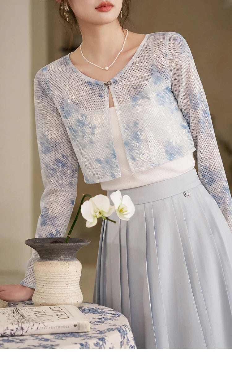 Mishow Elegant Hollow Cardigan & Camisole & Pleated Skirt Set MXD12W0342