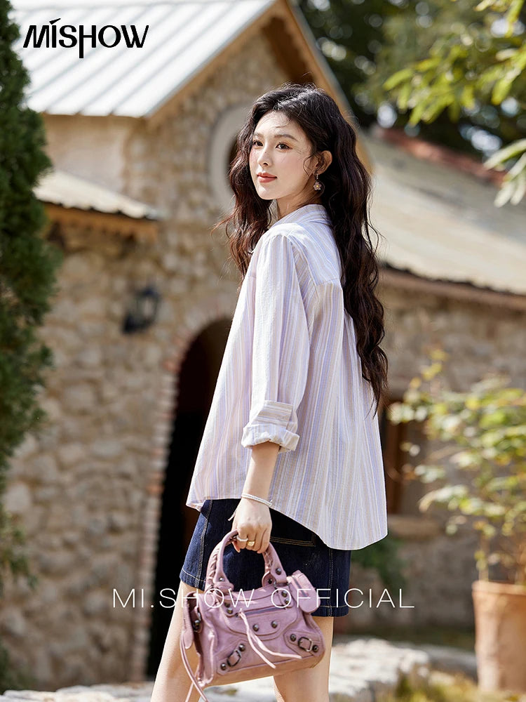 MISHOW Purple Striped Loose Shirt Turn-Down Collar MXE13C0407