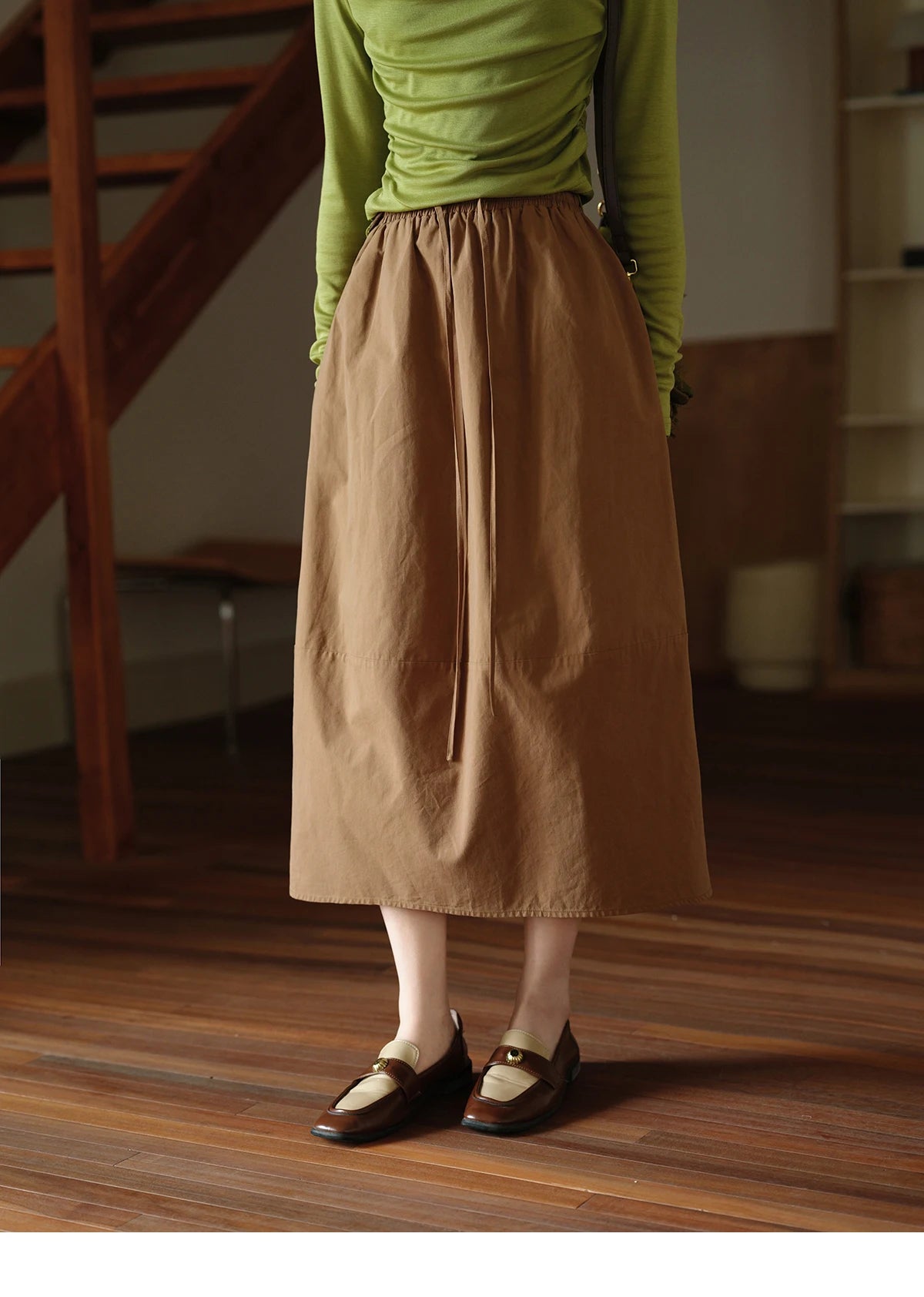 MISHOW Brown Cotton Bud Skirt Elastic Drawstring High Waist Pocket MXE41B2367