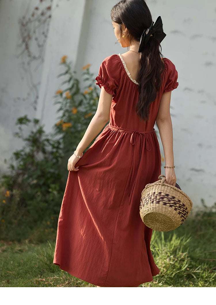 Mishow French Puff Sleeve Lace Neck Long Dress MXE35L2297