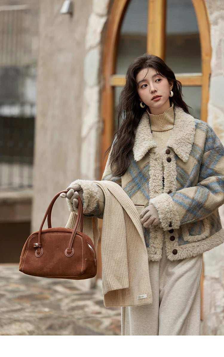 MISHOW Splicing Fleece Plaid Tweed Jacket Turn Down Collar MXD55W0574