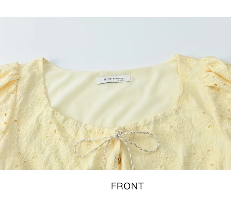 MISHOW Hollow Out Blouse Embroidery Puff Sleeve Square Collar Tassel MXE37X1851