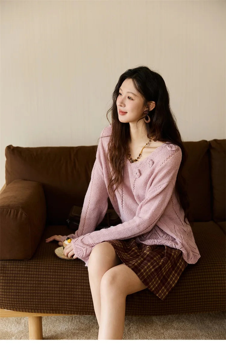 Mishow Purple Hollow Wave V-Neck Crochet Pullover MXE45Z1391