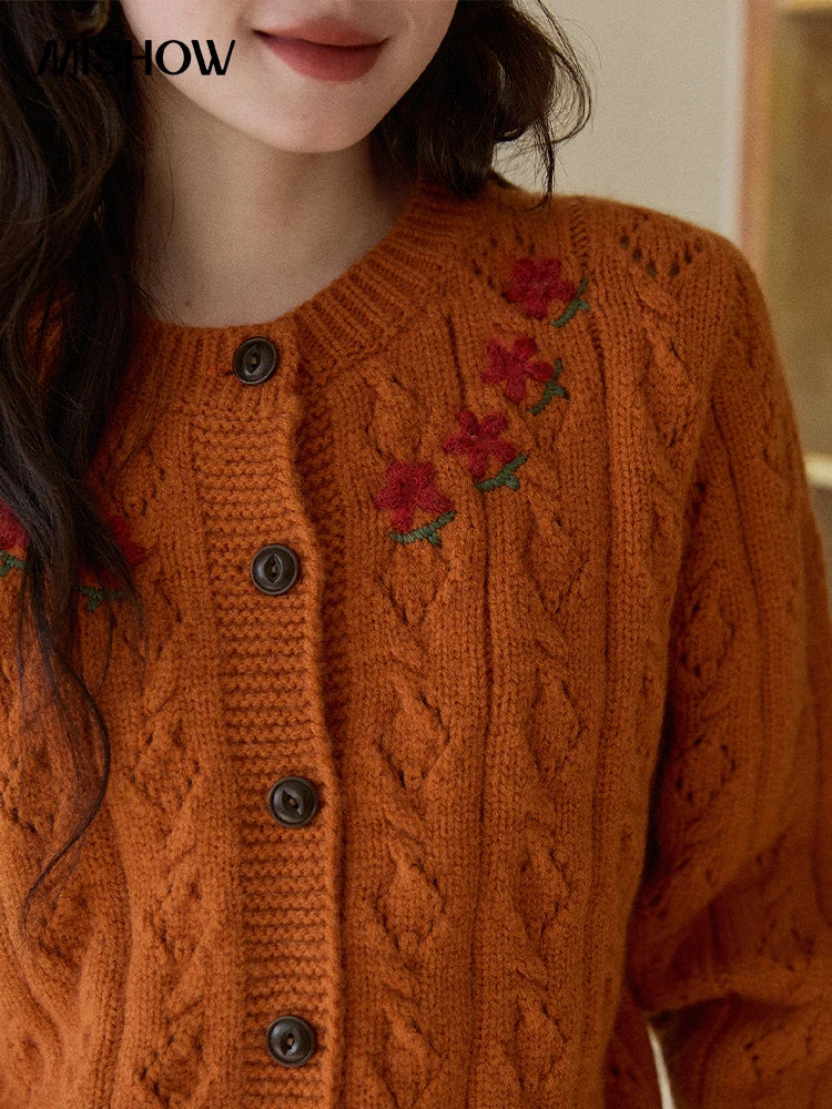 Mishow Orange Cable Knit Floral Embroidery Cardigan MXE86Z2737