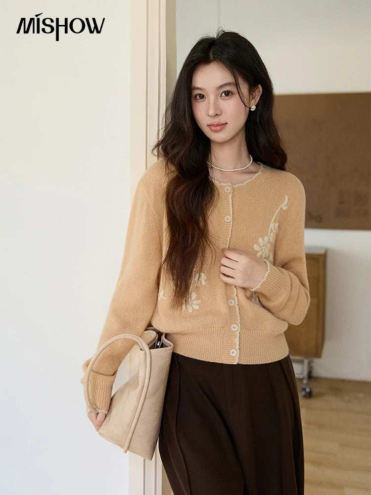 Mishow Camel Floral Embroidery Crew Neck Cardigan MXF11Z2896