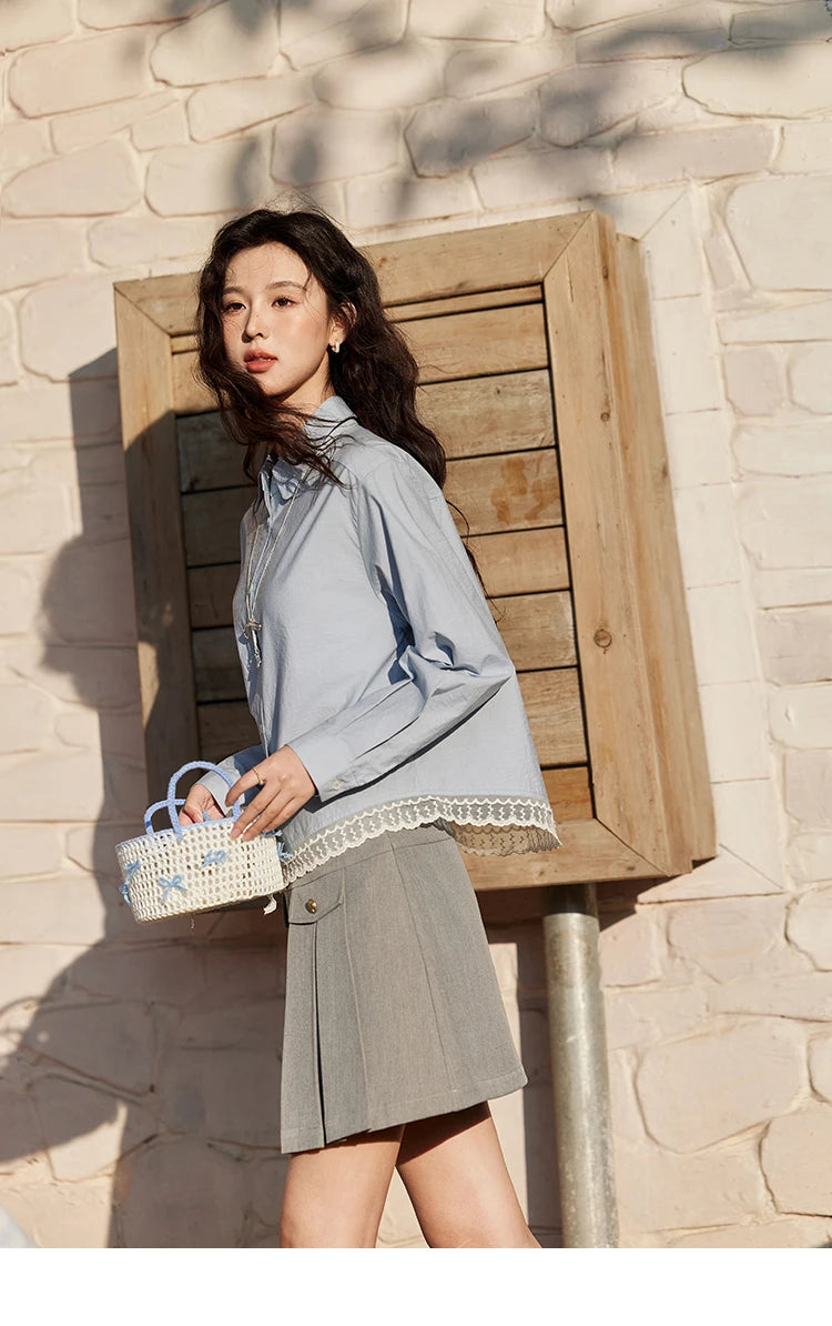 MISHOW Cotton Blue Shirt Hem Lace Lapel Collar MXE12C0410