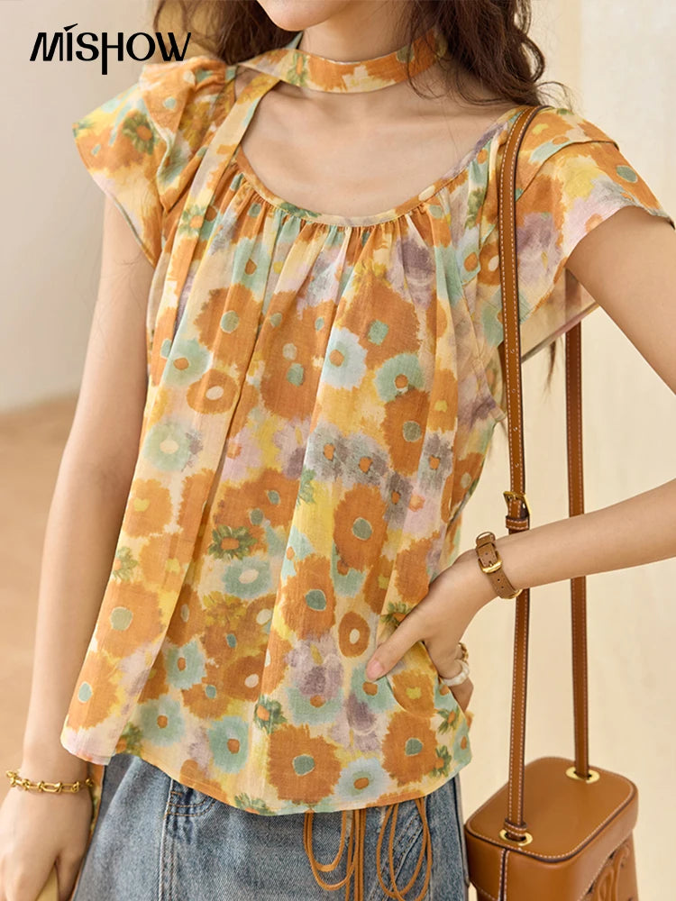 MISHOW Cotton Citrus Oil Painting Blouse Flying Sleeve MXE36X1872