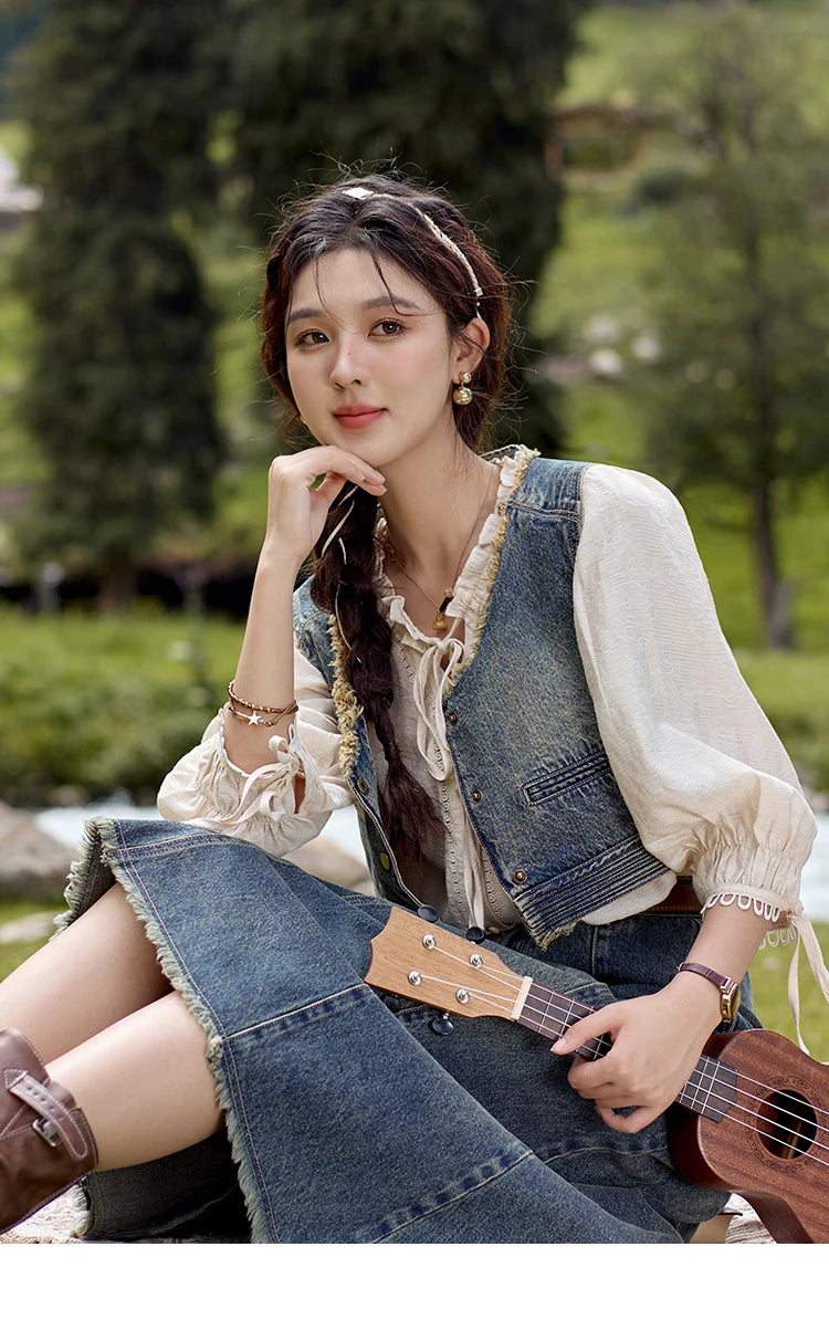 Mishow Retro Blue Denim Tassel Hem Vest MXD41W0387