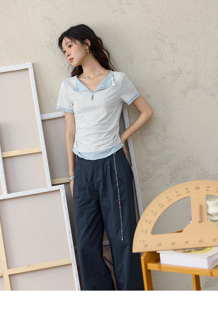 Mishow Grey Blue Fake Two-Piece Wavy Edge Tee MXE35T0567