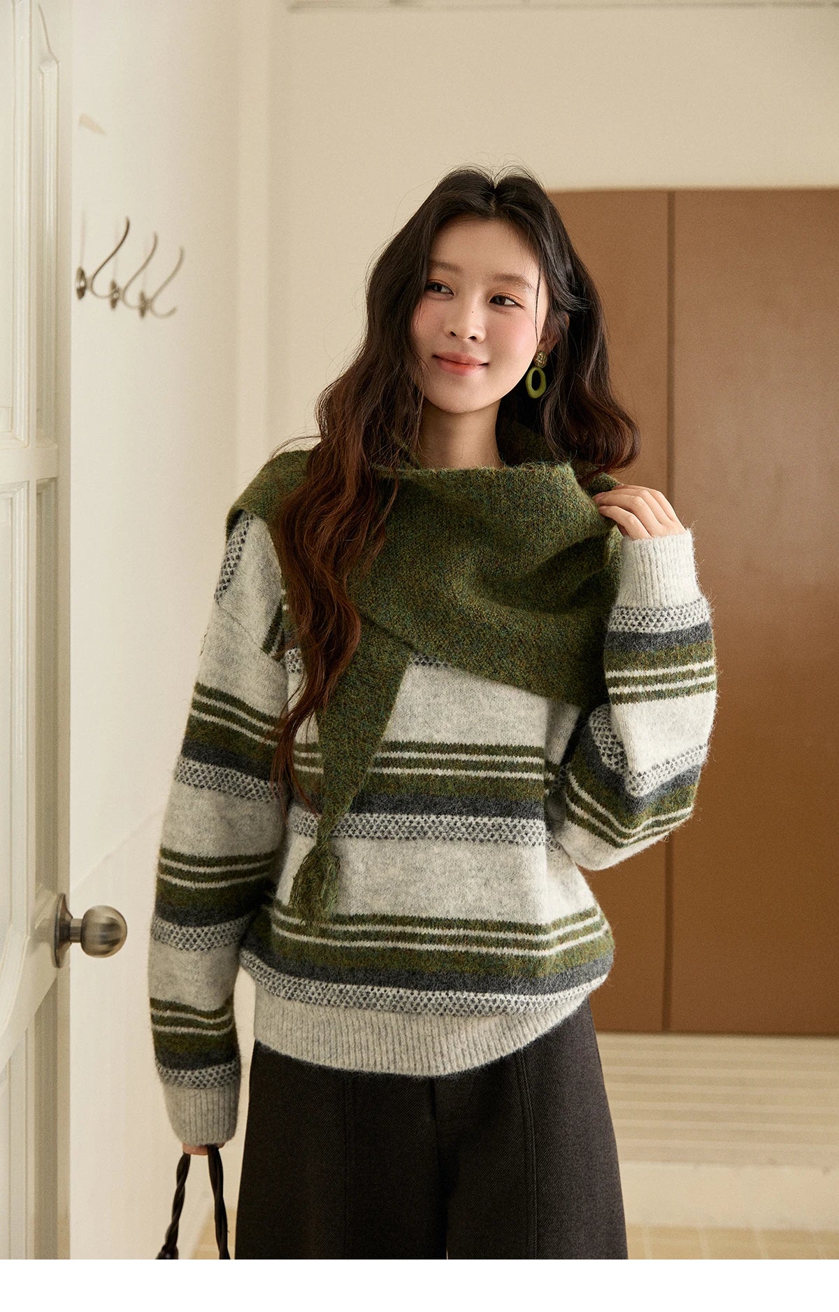 Mishow Wool Blend Retro Striped Sweater with Scarf MXE94Z2987