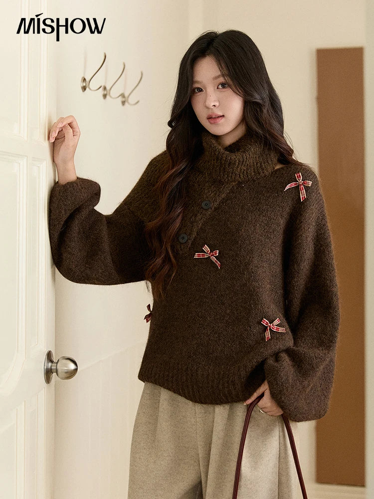 Mishow French Plaid Bow Detachable Shawl Collar Sweater MXE93Z2946