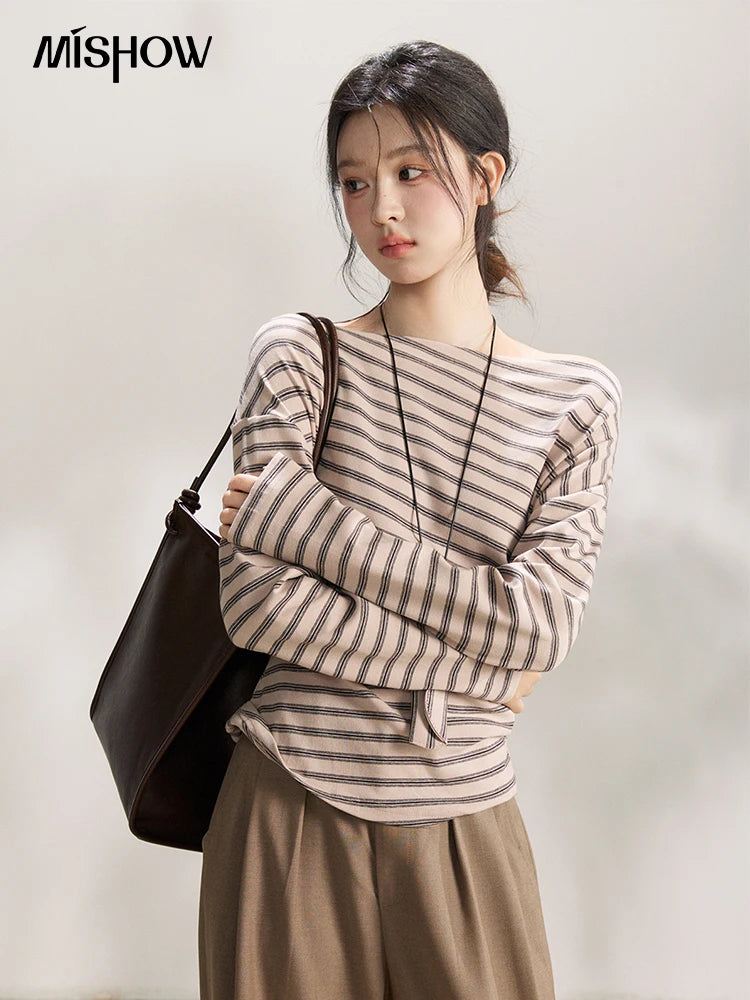 Mishow Striped Boat Neck T-Shirt with Necklace MXF13T1514