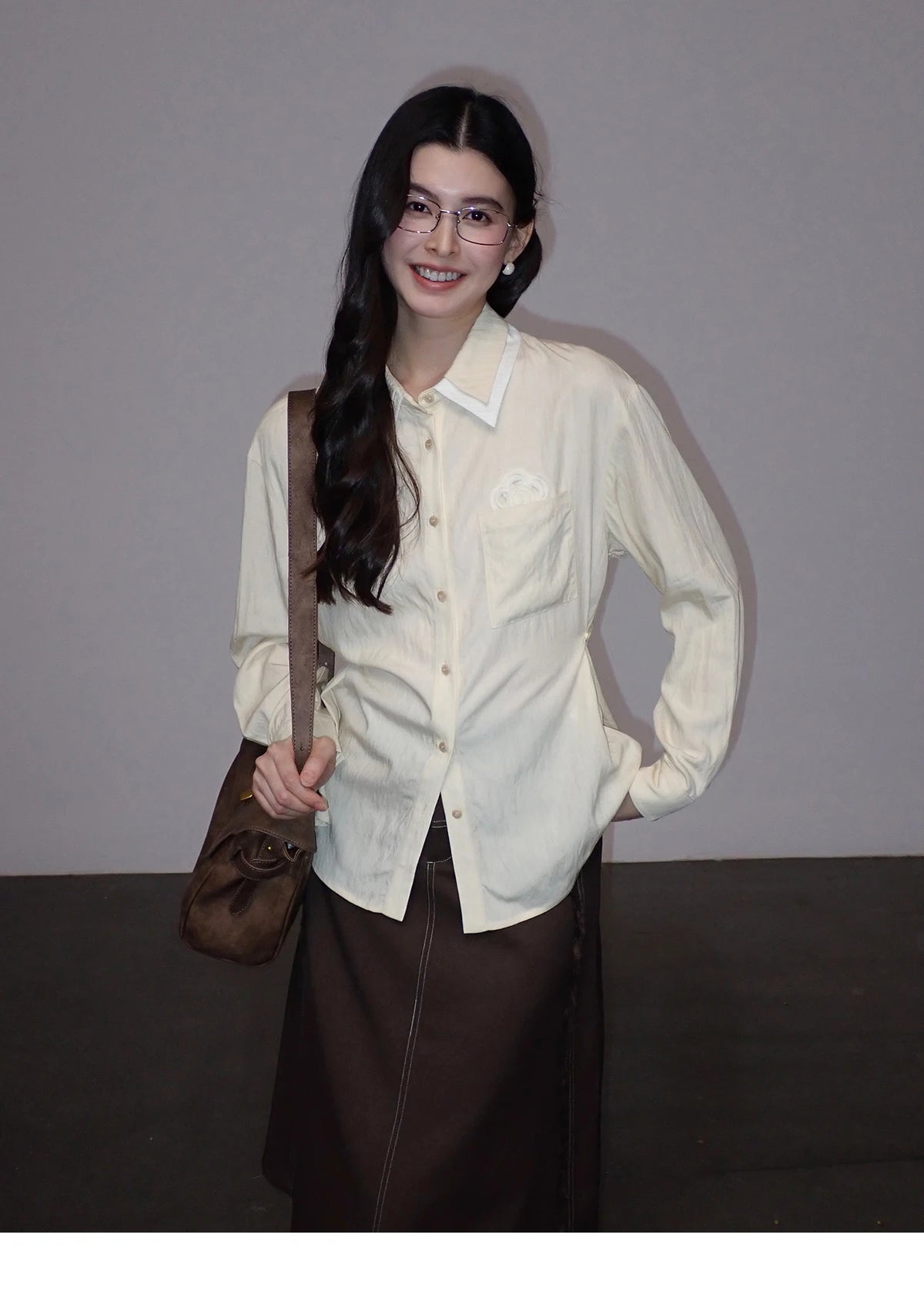 MISHOW Contrast Trim Lapel Shirt Floral Embroidery Pocket MXF13C2440
