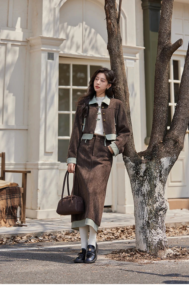 Mishow Fragrant Lapel Jacket & Contrasting Leather Skirt Set MXD43W0444