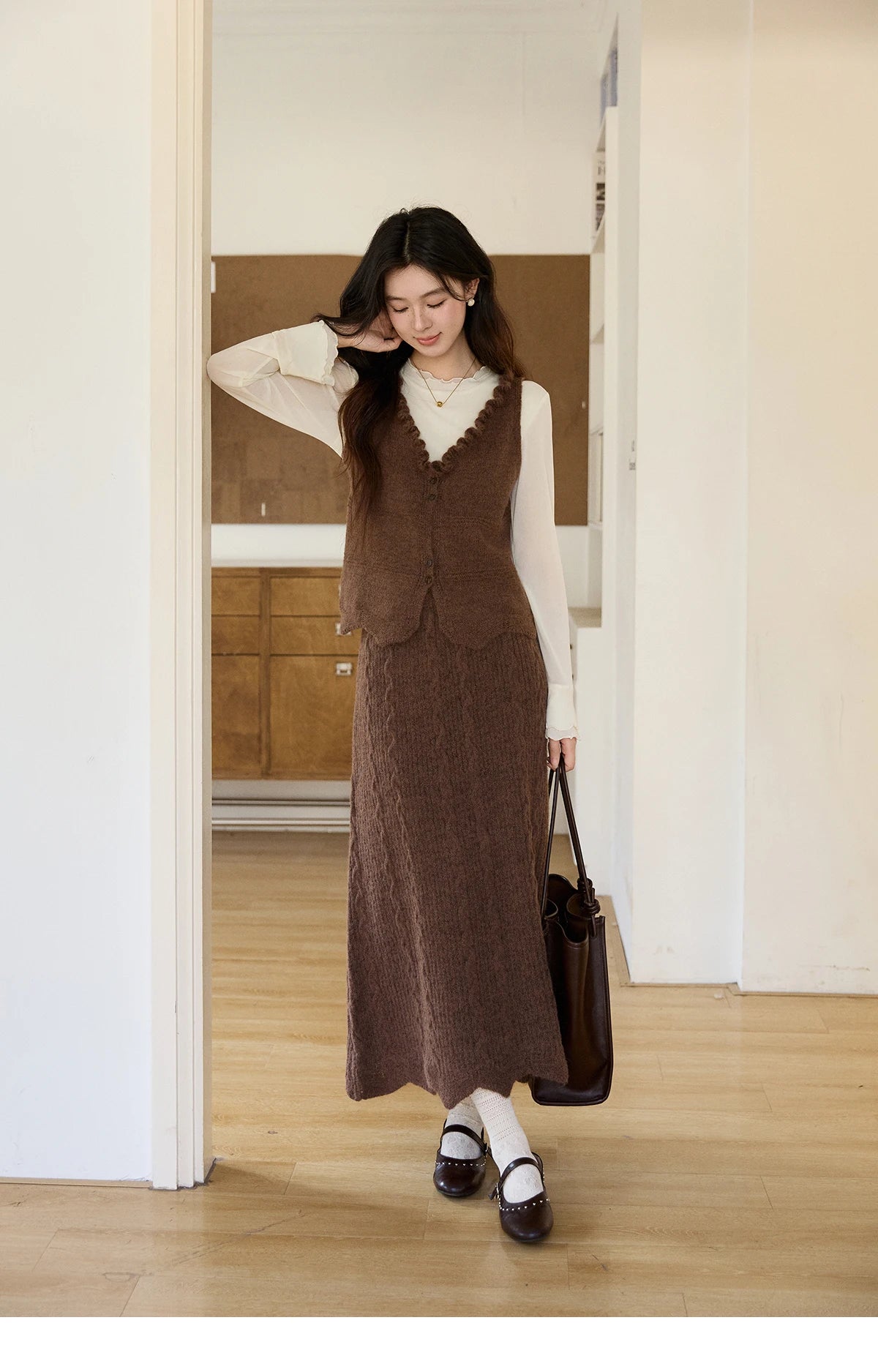 Mishow Brown Knitted Vest & Cable Knit Maxi Skirt Set MXF11T1460