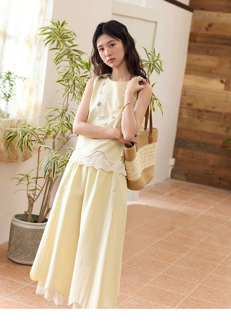 Mishow O-Neck Lace Patchwork Top & Elastic Waist Midi Skirt Set MXE36T0641