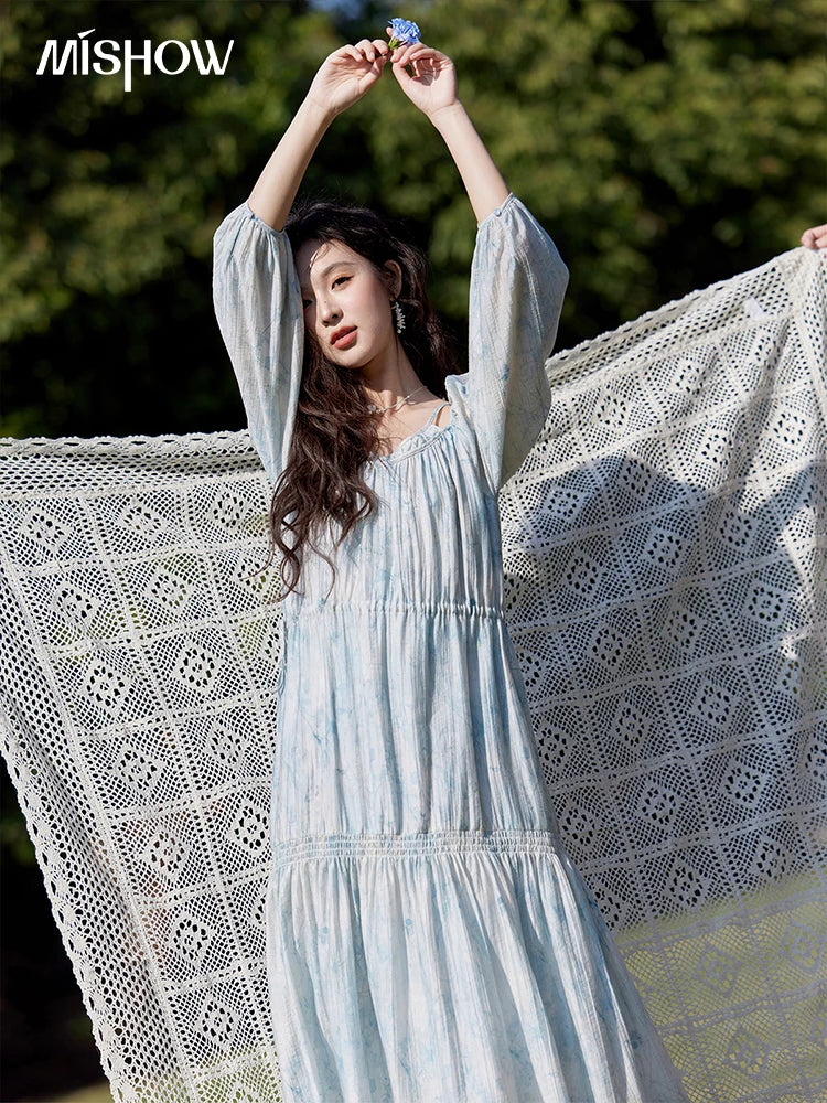 Mishow Blue Floral Chiffon Drawstring Lantern Sleeve Dress MXE16L2114