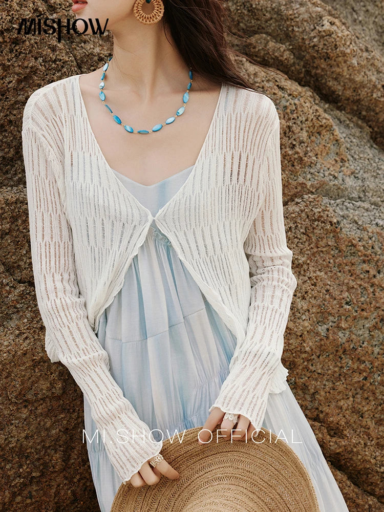Mishow White V-Neck Slim Knit Summer Cardigan MXE16Z1193