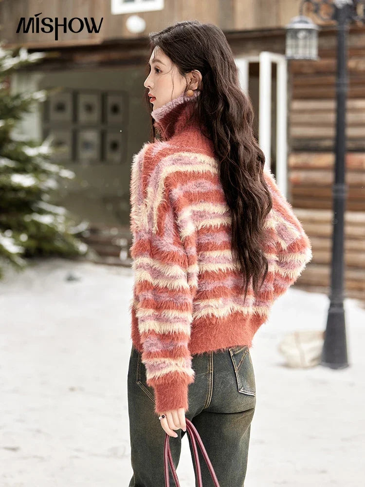 Mishow Red Striped Faux Mink Fur Stand Collar Cardigan MXD59Z1005