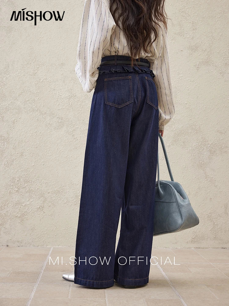 Mishow Stitching Ruffle High Waist Wide Leg Jeans MXE16K0907